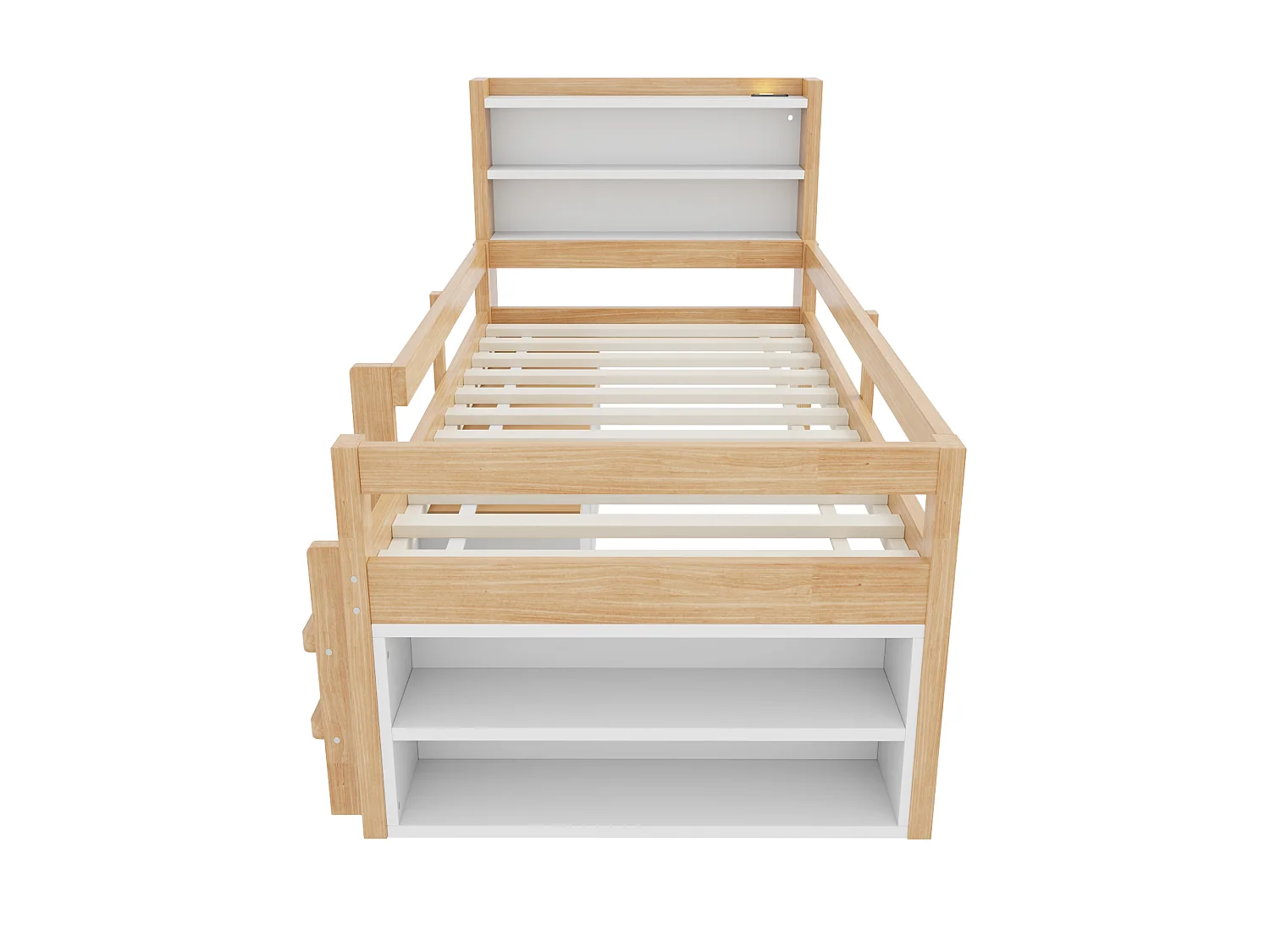 Lit enfant 90 x 200 cm - avec étagères - avec compartiments de rangement - avec éclairage LED - avec port de chargement USB - naturel