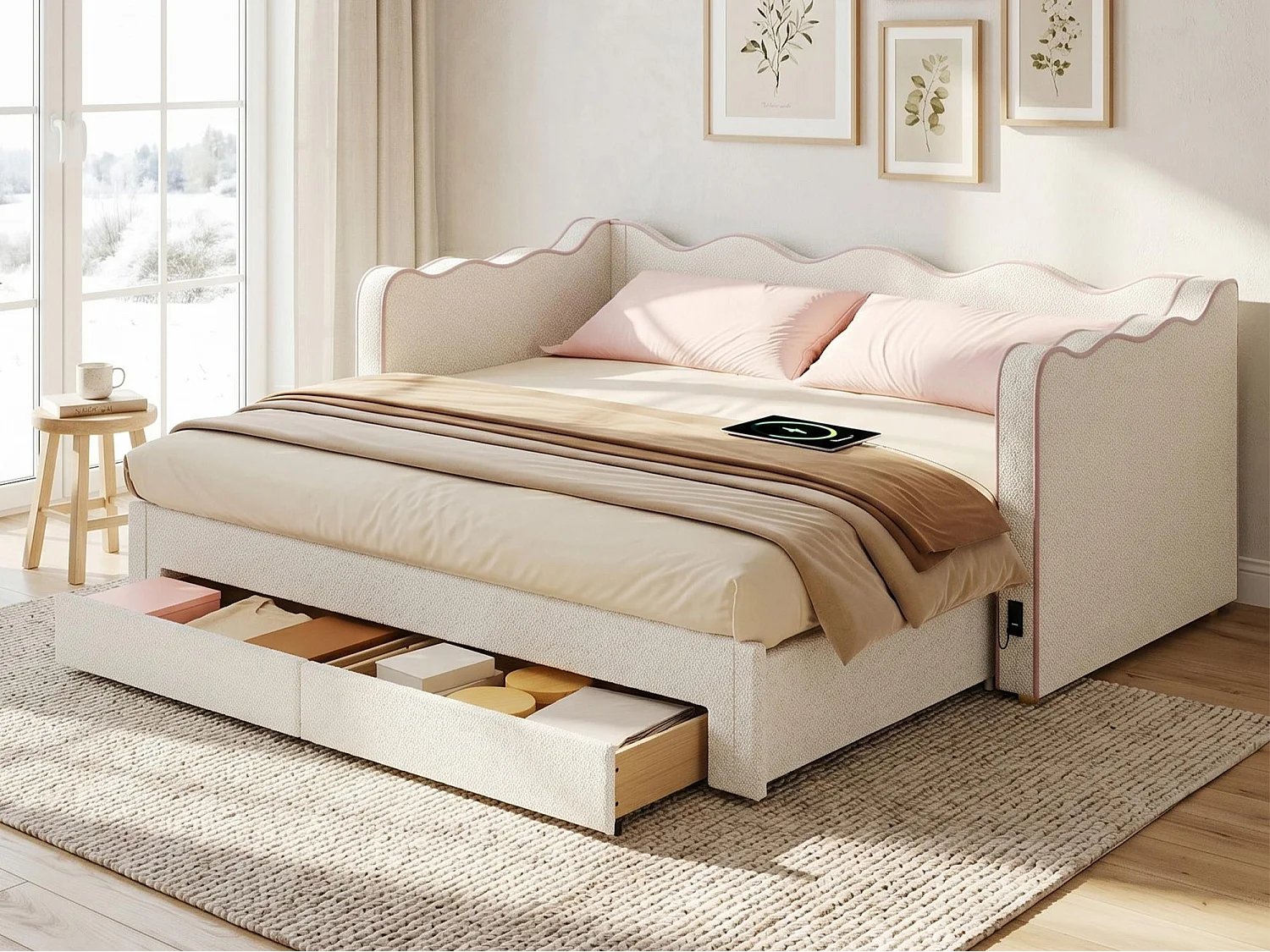 Canapé-lit capitonné 90x200 cm - Avec lit gigogne et 2 tiroirs - Extensible 180 cm - Port USB - Tissu bouclé - Beige (sans matelas)