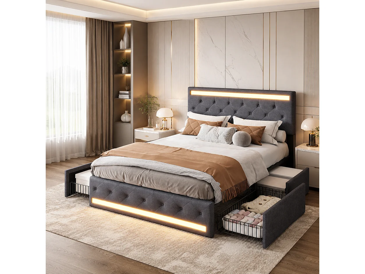 Cadre de lit coffre 140x190 cm avec Sommier et 4 Tiroirs de Rangement, Lit Double avec LED et USB, Tête de Lit Rembourrée Ajustable, Lin, Gris Foncé