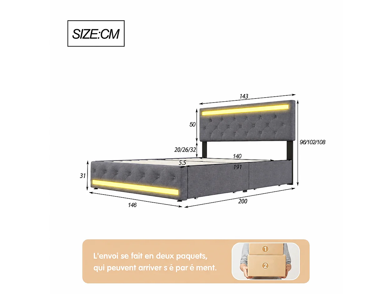 Cadre de lit coffre 140x190 cm avec Sommier et 4 Tiroirs de Rangement, Lit Double avec LED et USB, Tête de Lit Rembourrée Ajustable, Lin, Gris Foncé