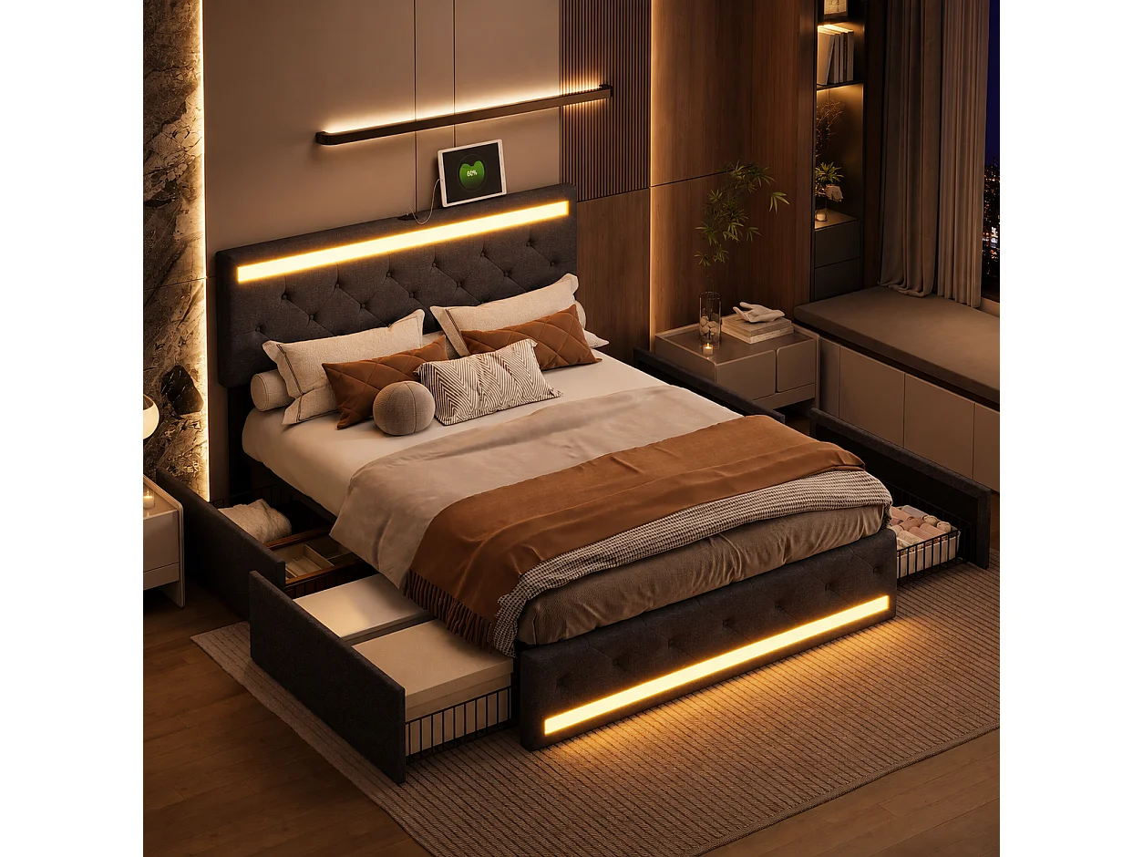 Lit Double 180x200 cm avec 4 tiroirs de Rangement, lit coffre avec LED et USB, lit capitonné avec sommier à Lattes et tête de lit, Linen, Gris Foncé