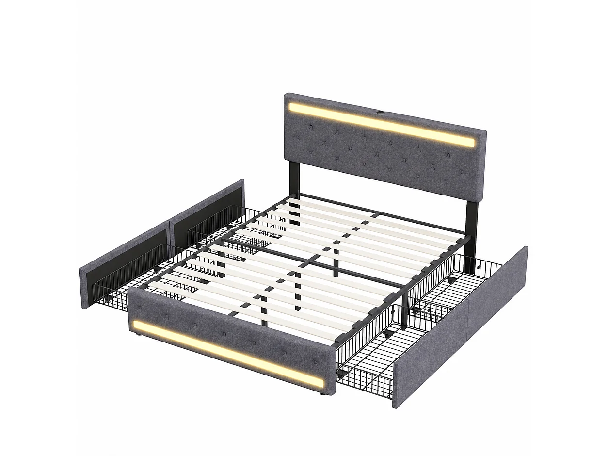 Lit Double 180x200 cm avec 4 tiroirs de Rangement, lit coffre avec LED et USB, lit capitonné avec sommier à Lattes et tête de lit, Linen, Gris Foncé