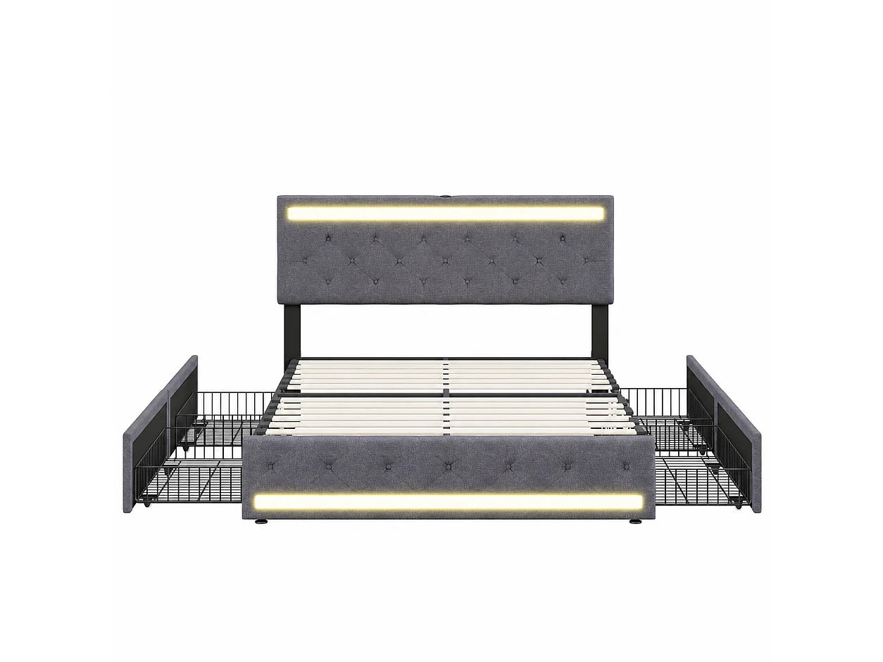 Lit Double 180x200 cm avec 4 tiroirs de Rangement, lit coffre avec LED et USB, lit capitonné avec sommier à Lattes et tête de lit, Linen, Gris Foncé