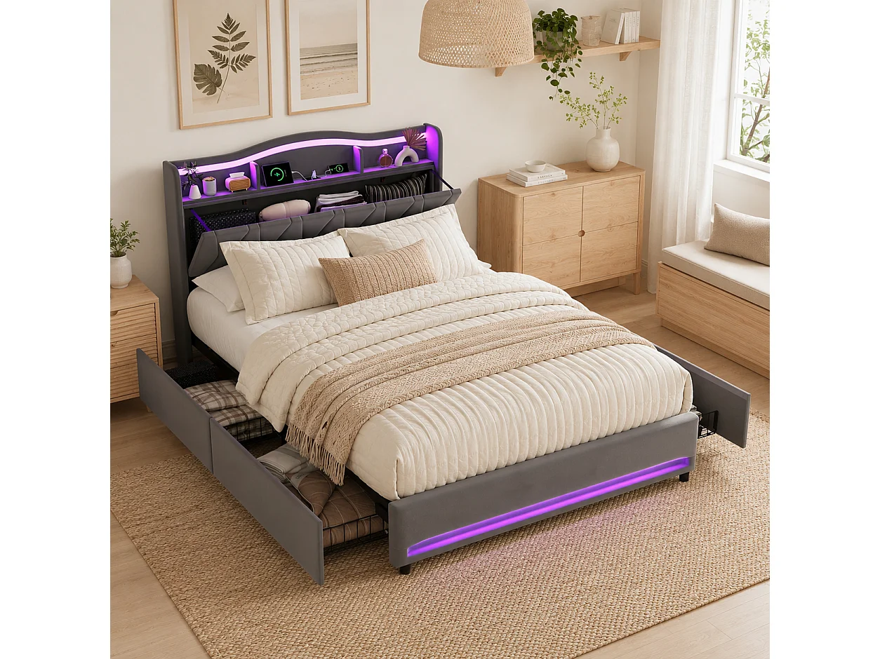 Lit Double 140x200cm avec 4 tiroirs, Lit adulte en Velours avec Éclairage LED, Prises USB/Type-C, Cadre de Lit capitonné pour Adolescents et adultes, Gris