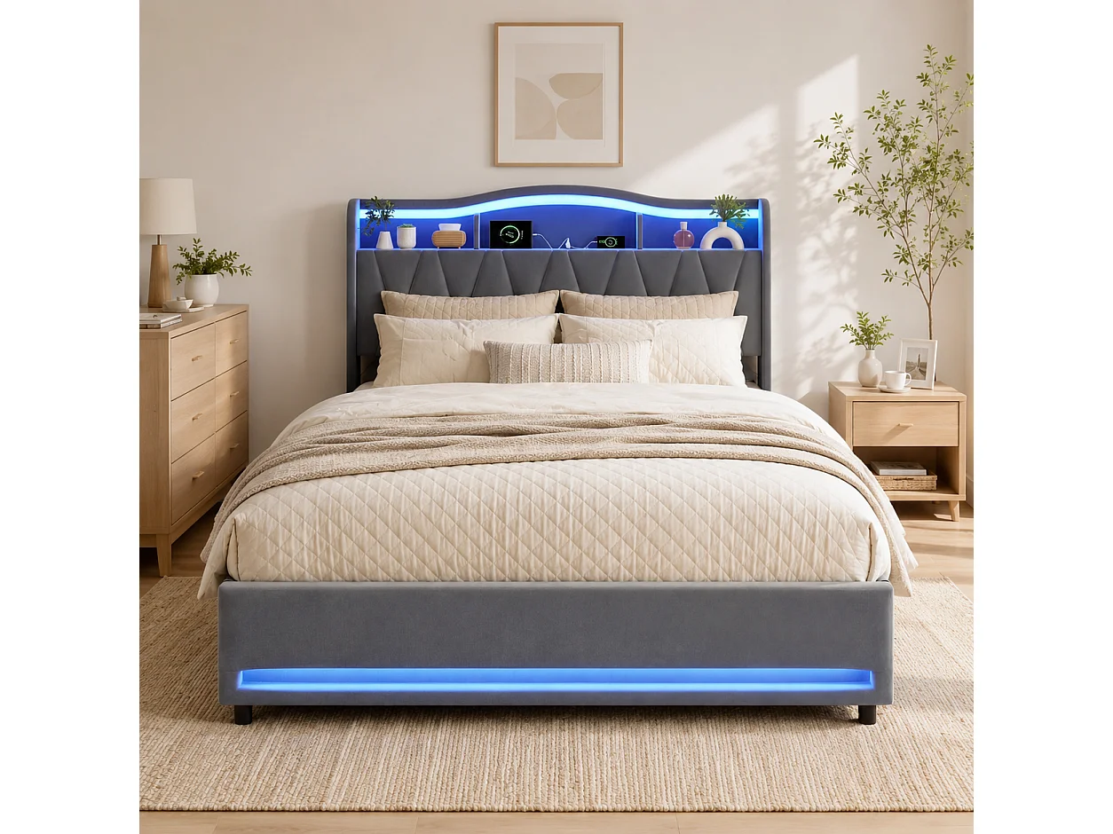 Lit Double 140x200cm avec 4 tiroirs, Lit adulte en Velours avec Éclairage LED, Prises USB/Type-C, Cadre de Lit capitonné pour Adolescents et adultes, Gris
