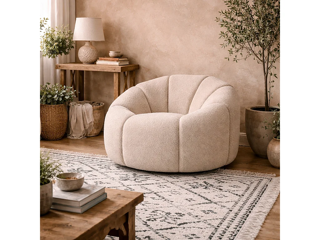 Juniper Retro Boucle Swivel Armchair Cream Upholstered Rounded Club Design