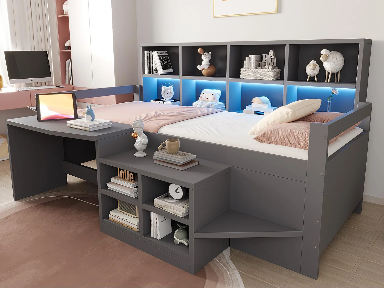 Lit enfant 90×200 cm - avec espace de rangement - avec prise électrique - avec lumière LED - gris (matelas non inclus)