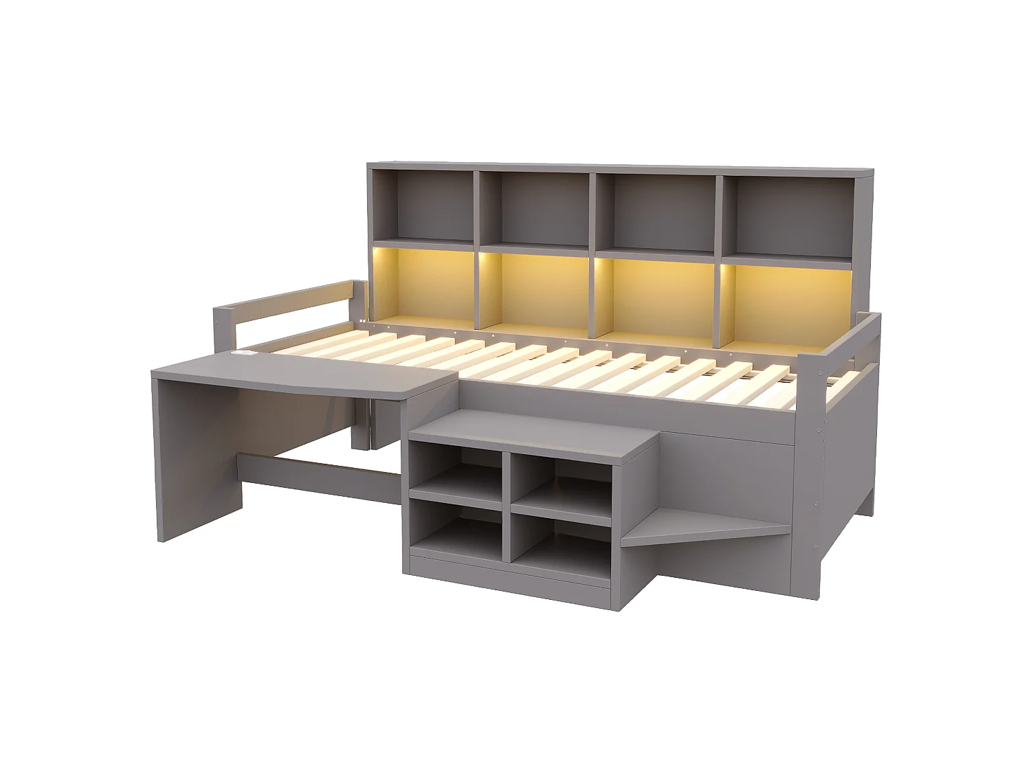 Lit enfant 90×200 cm - avec espace de rangement - avec prise électrique - avec lumière LED - gris (matelas non inclus)