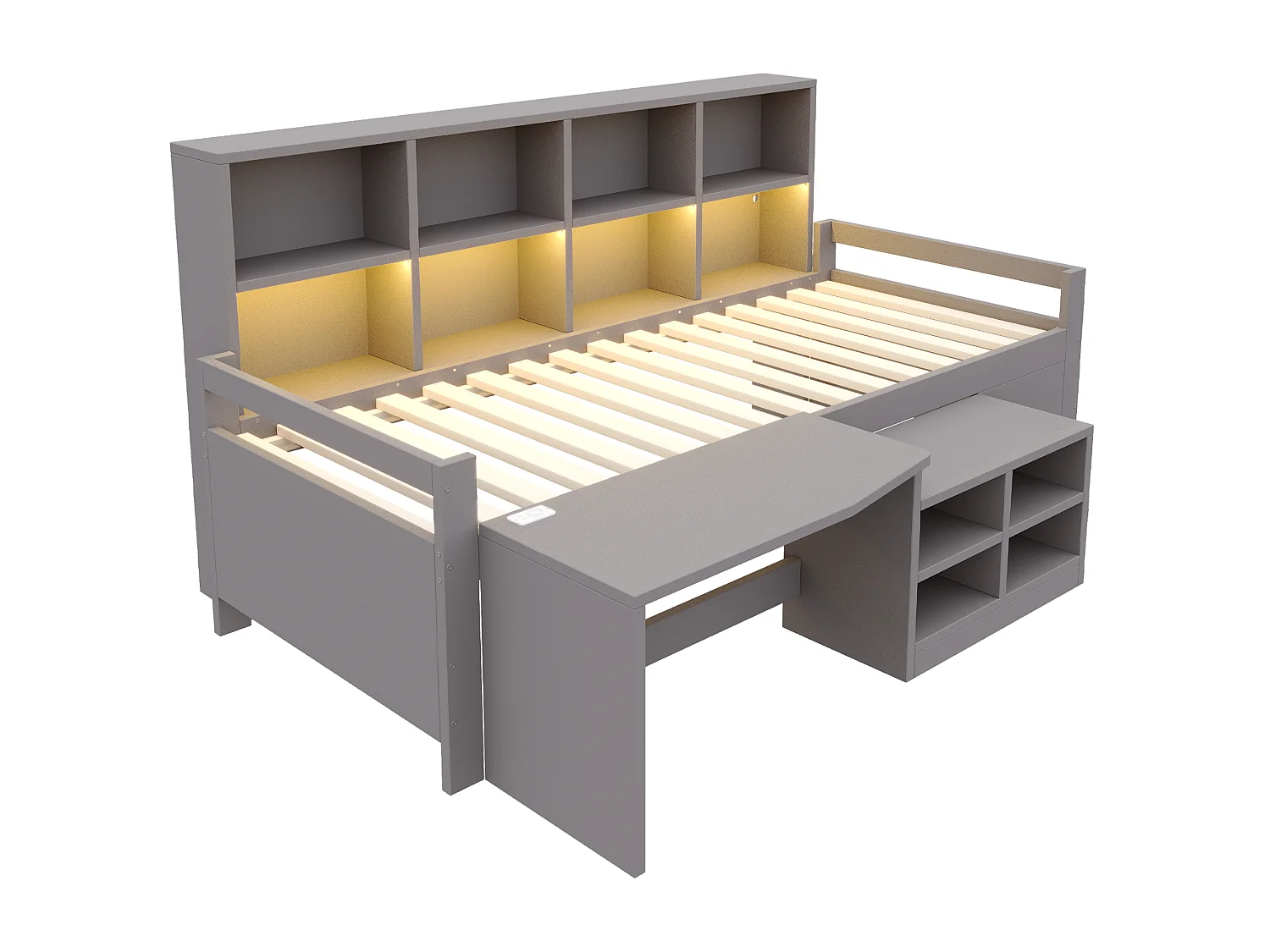 Lit enfant 90×200 cm - avec espace de rangement - avec prise électrique - avec lumière LED - gris (matelas non inclus)