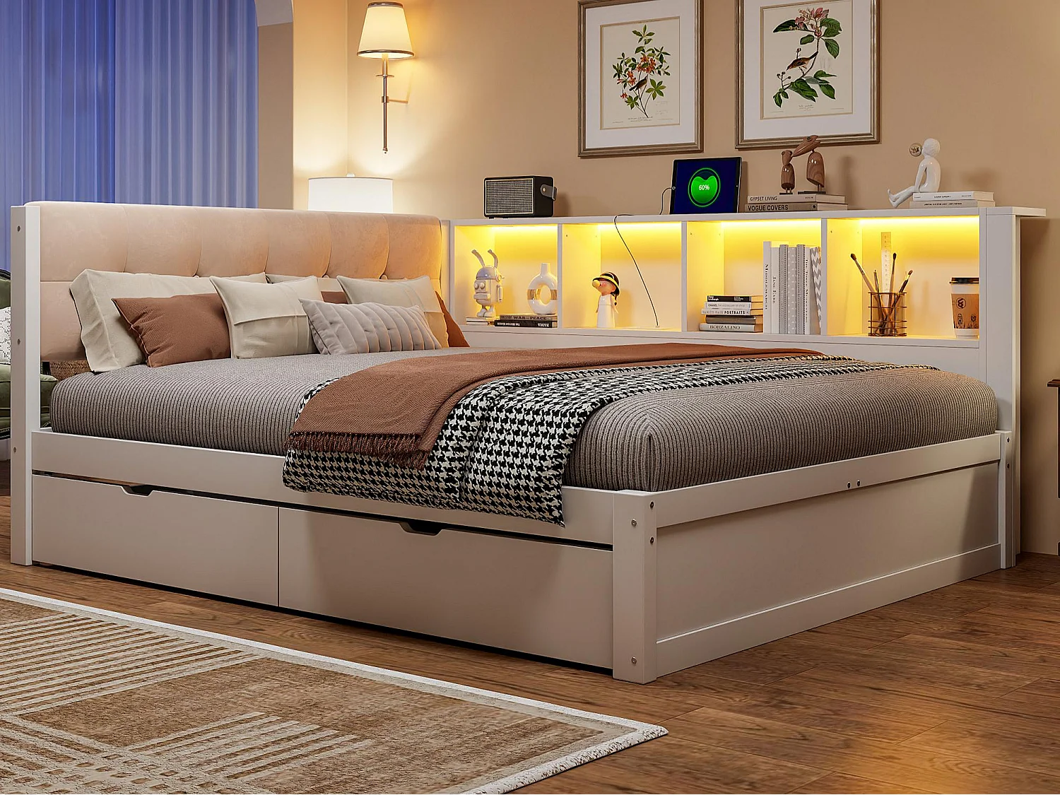 Schlafsofa 140 × 200 cm - mit Schubladen - mit LED-Beleuchtung - mit Regalen - mit USB-Anschluss - Weiß (Matratze nicht enthalten)