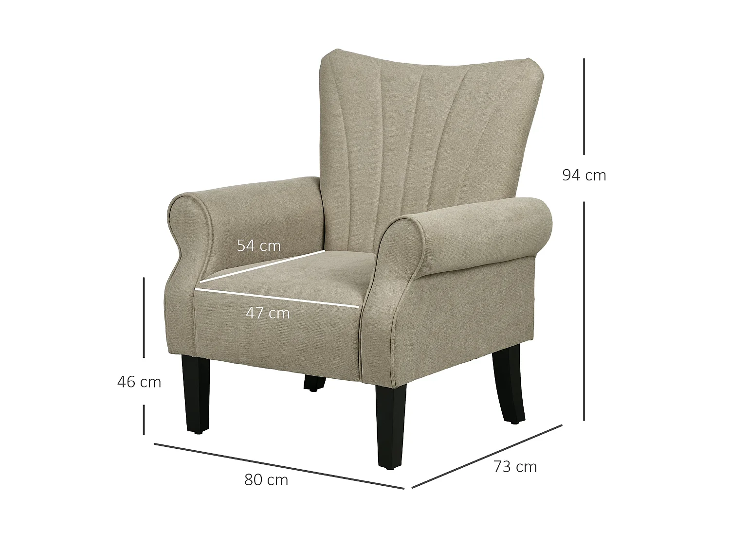 Vikene Coni Beige Fabric Accent Armchair Rolled Arms Wingback Wooden Legs