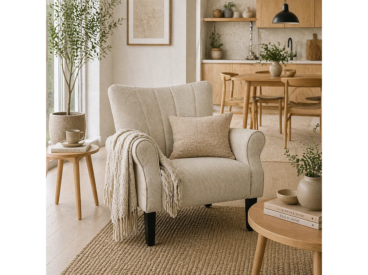 Vikene Coni Beige Fabric Accent Armchair Rolled Arms Wingback Wooden Legs