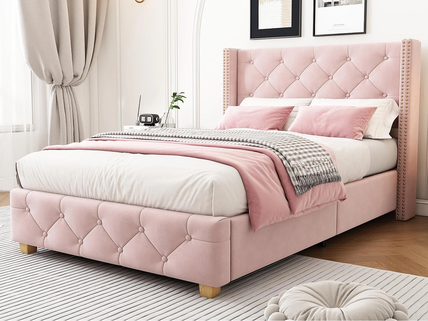 Lit simple rembourré 90x190 cm - avec sommier à lattes et tête de lit - capitonnage à boutons - Tissu velours - Rose(sans matelas)