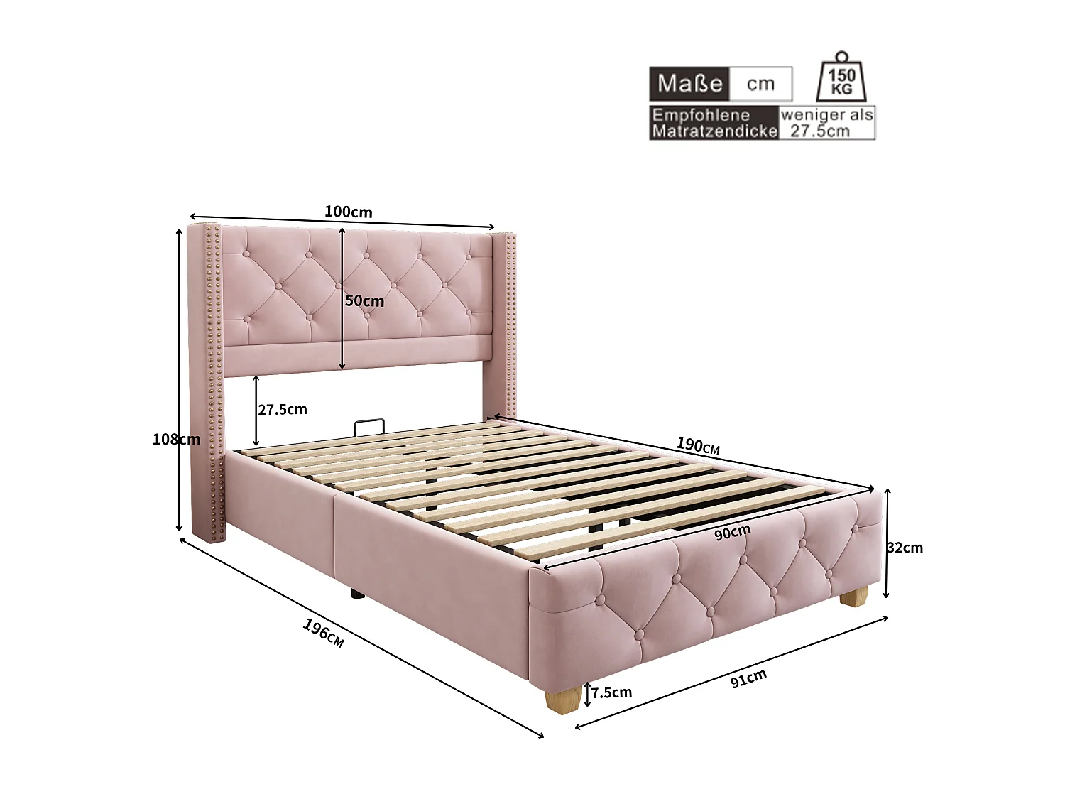 Lit simple rembourré 90x190 cm - avec sommier à lattes et tête de lit - capitonnage à boutons - Tissu velours - Rose(sans matelas)