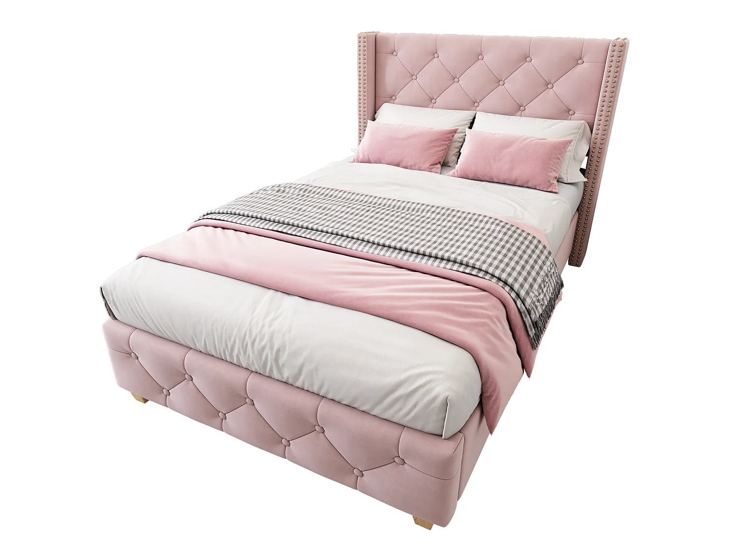 Lit simple rembourré 90x190 cm - avec sommier à lattes et tête de lit - capitonnage à boutons - Tissu velours - Rose(sans matelas)