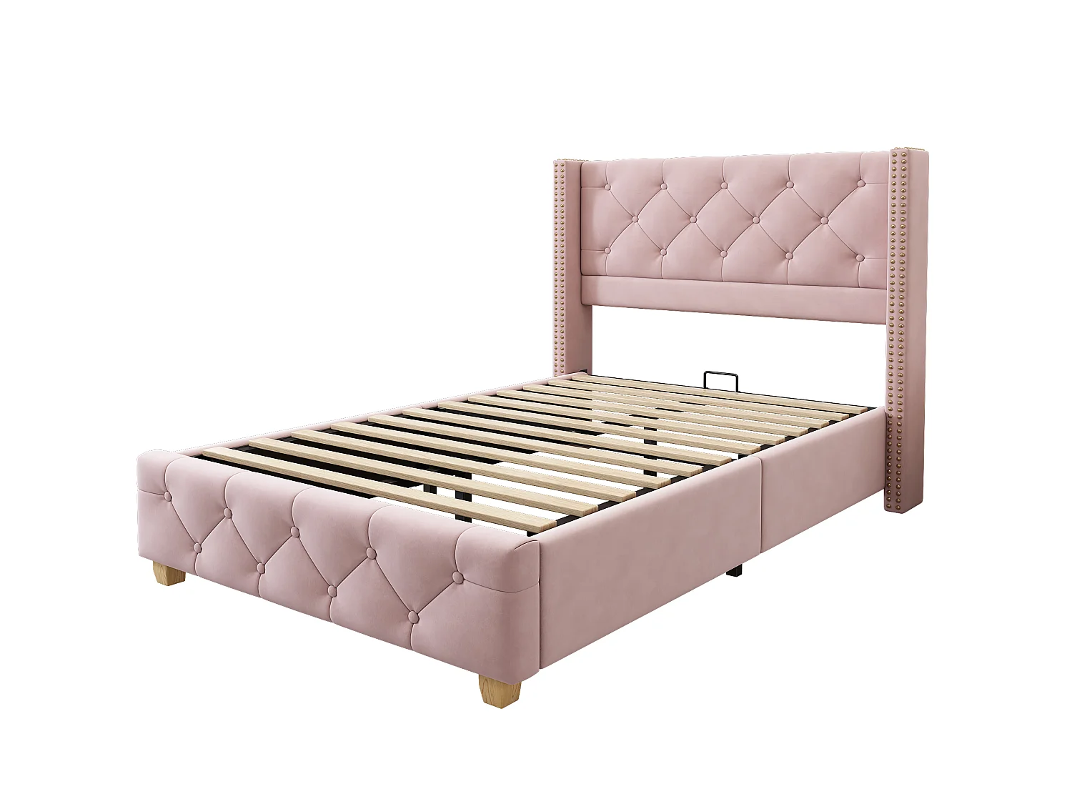 Lit simple rembourré 90x190 cm - avec sommier à lattes et tête de lit - capitonnage à boutons - Tissu velours - Rose(sans matelas)