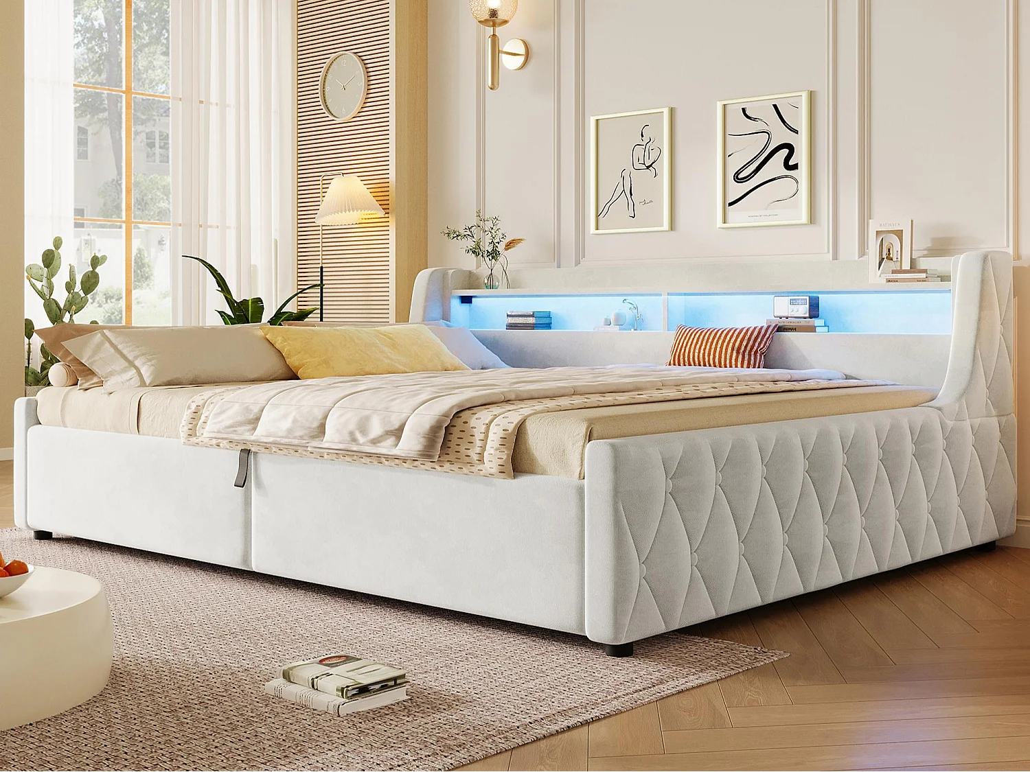 Storage Sofa Bed 140 × 200 cm - with storage box and LED lighting - velvet fabric + MDF - beige (mattress not included)