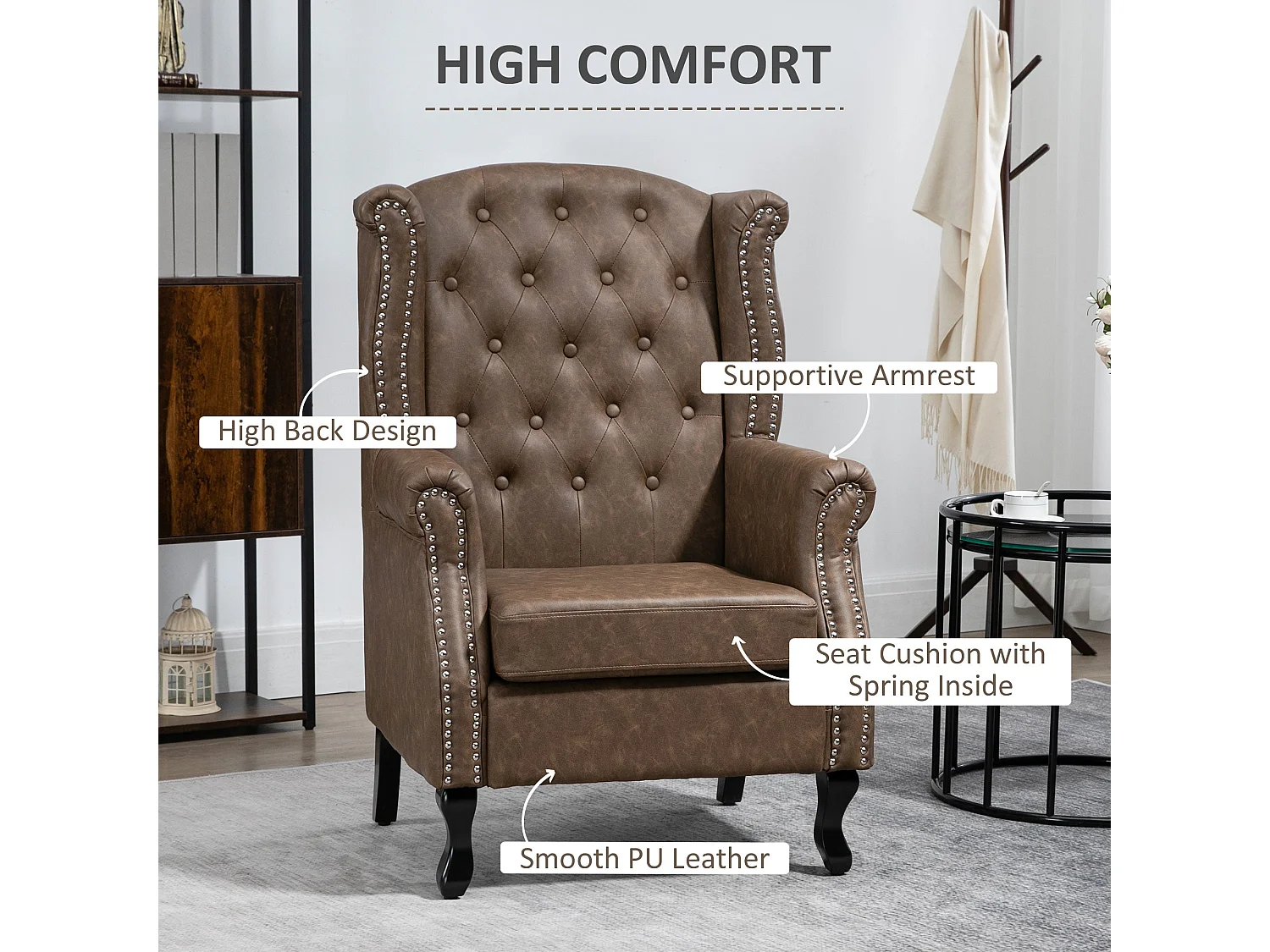 Selato Brown Wingback Accent Chair Chesterfield Tufting with Nailhead Trim