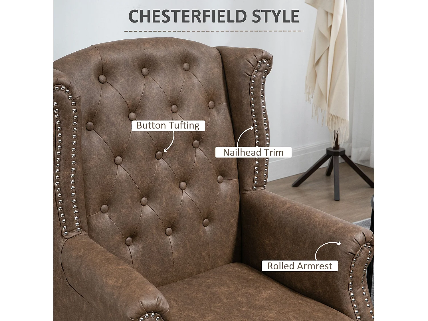 Selato Brown Wingback Accent Chair Chesterfield Tufting with Nailhead Trim