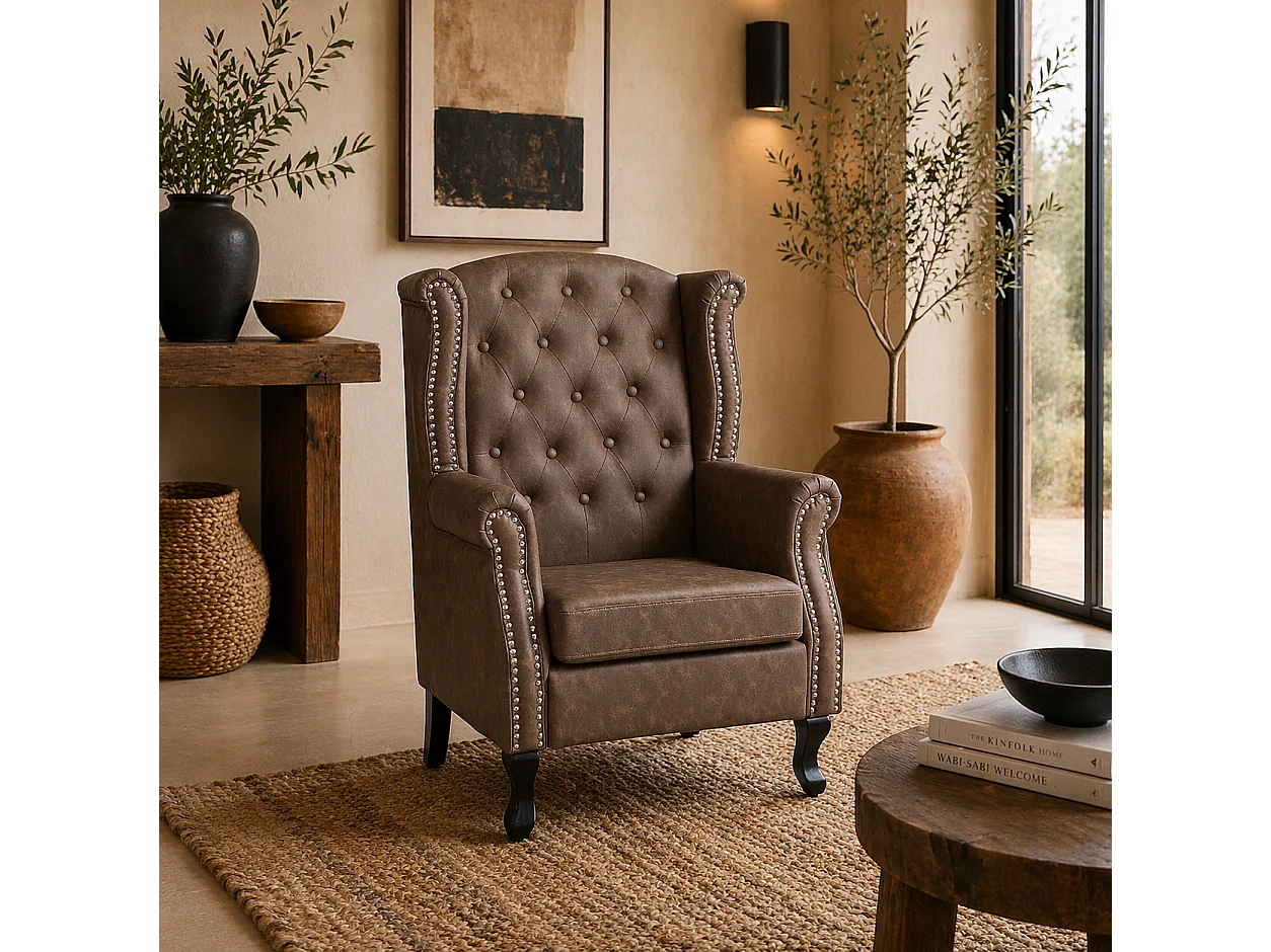 Selato Brown Wingback Accent Chair Chesterfield Tufting with Nailhead Trim