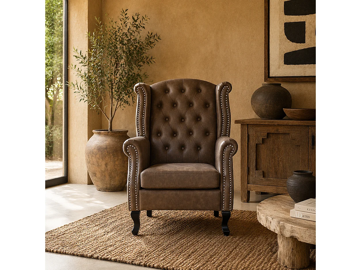 Selato Brown Wingback Accent Chair Chesterfield Tufting with Nailhead Trim