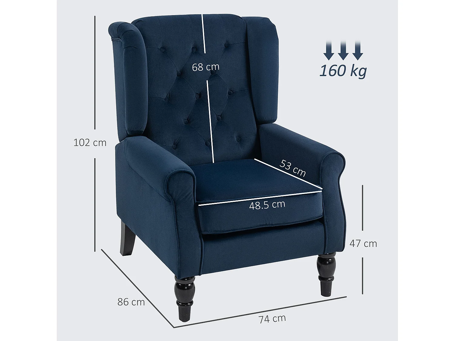 Rake Dark Blue Retro Wingback Accent Chair Button Tufted Velvet Feel
