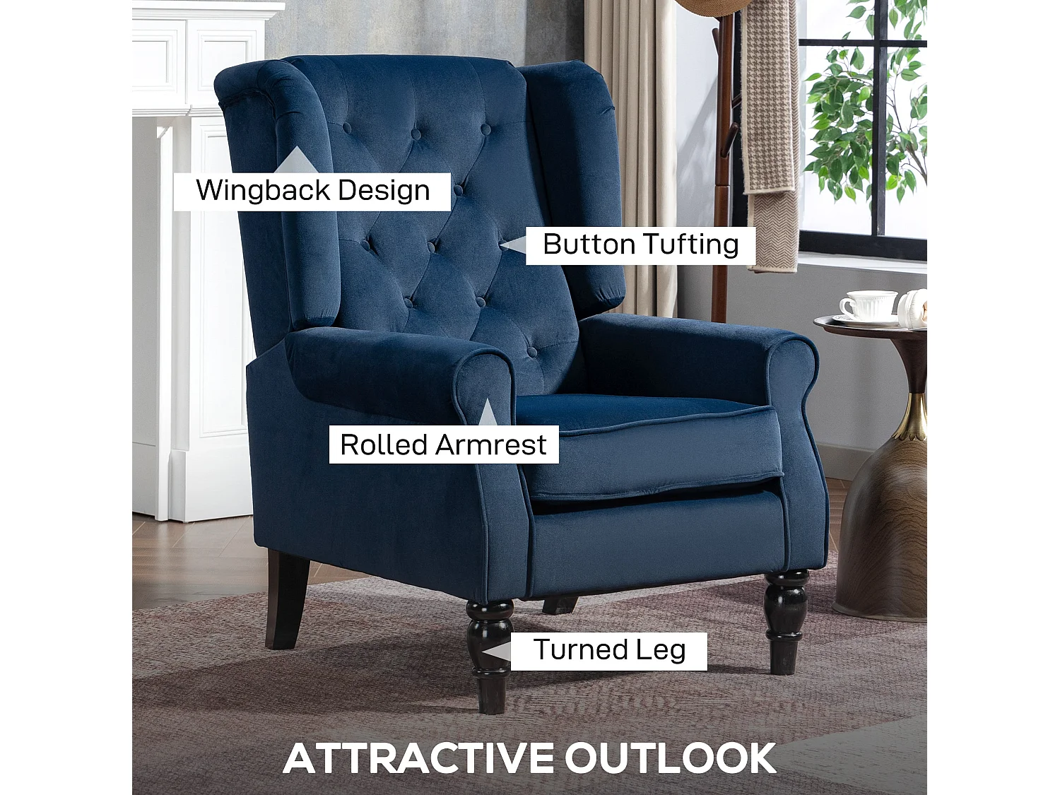 Rake Dark Blue Retro Wingback Accent Chair Button Tufted Velvet Feel