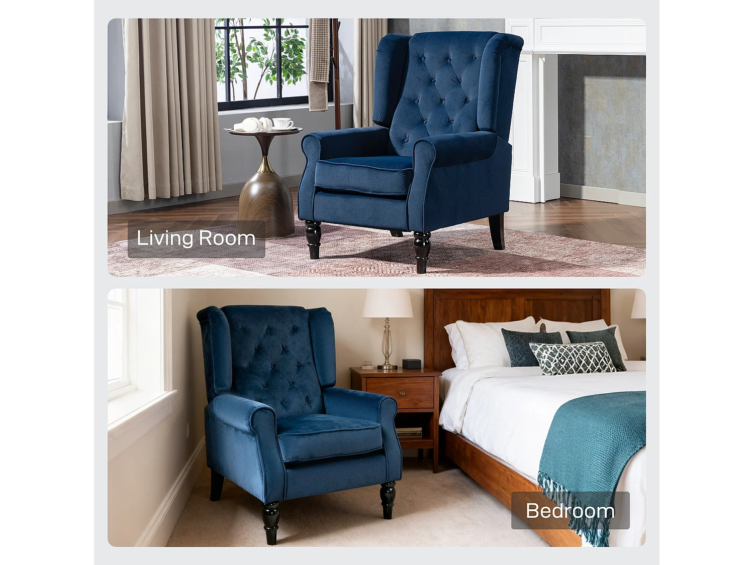 Rake Dark Blue Retro Wingback Accent Chair Button Tufted Velvet Feel