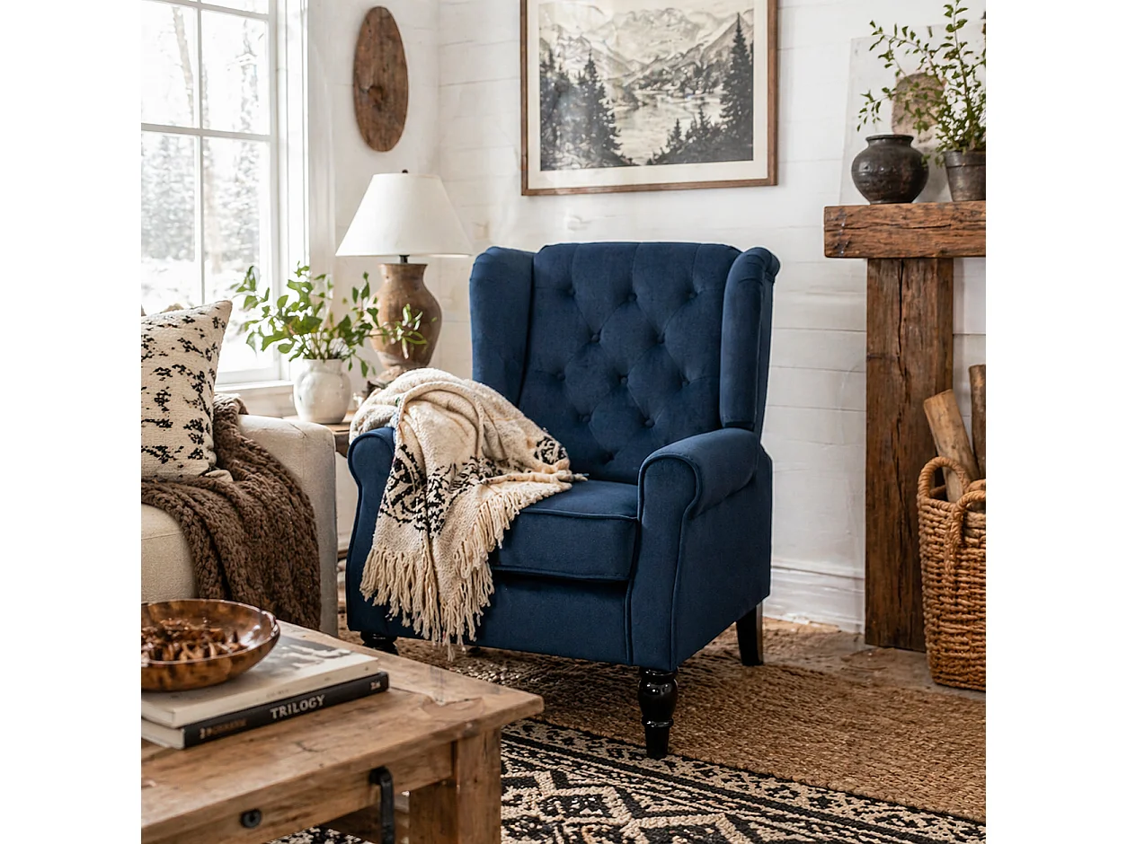 Rake Dark Blue Retro Wingback Accent Chair Button Tufted Velvet Feel