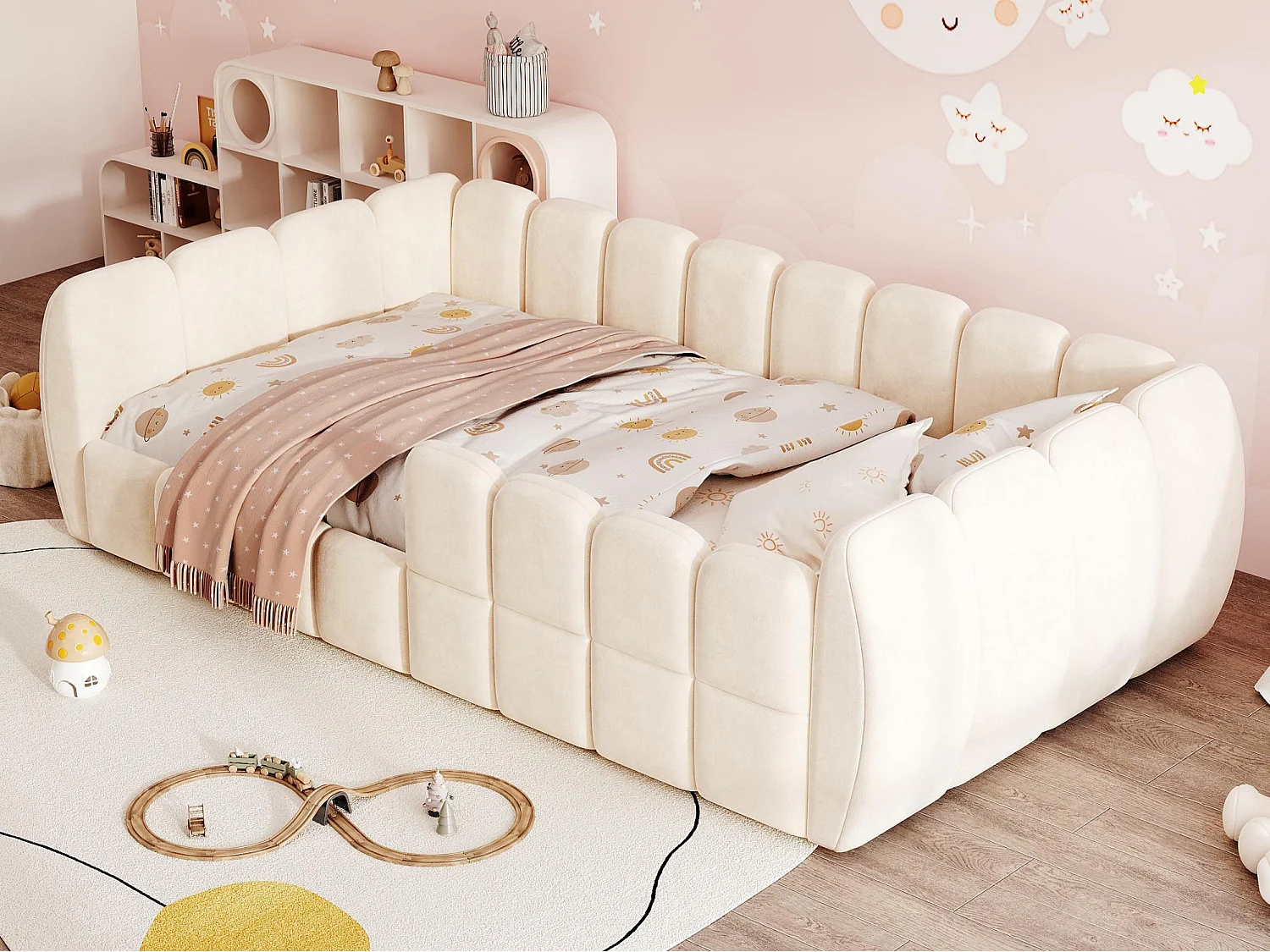 Gepolstertes Kinderbett 90 × 200 cm - Samtstoff - abgerundete Ecken - Beige (Matratze nicht enthalten)