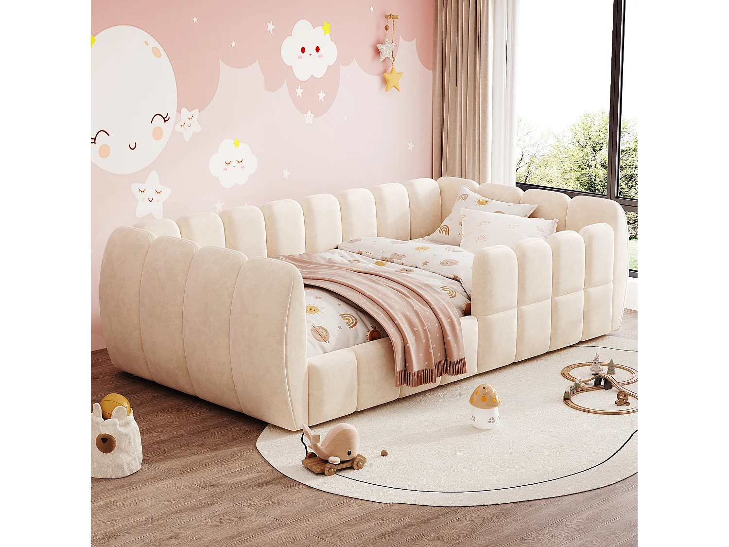 Gepolstertes Kinderbett 90 × 200 cm - Samtstoff - abgerundete Ecken - Beige (Matratze nicht enthalten)