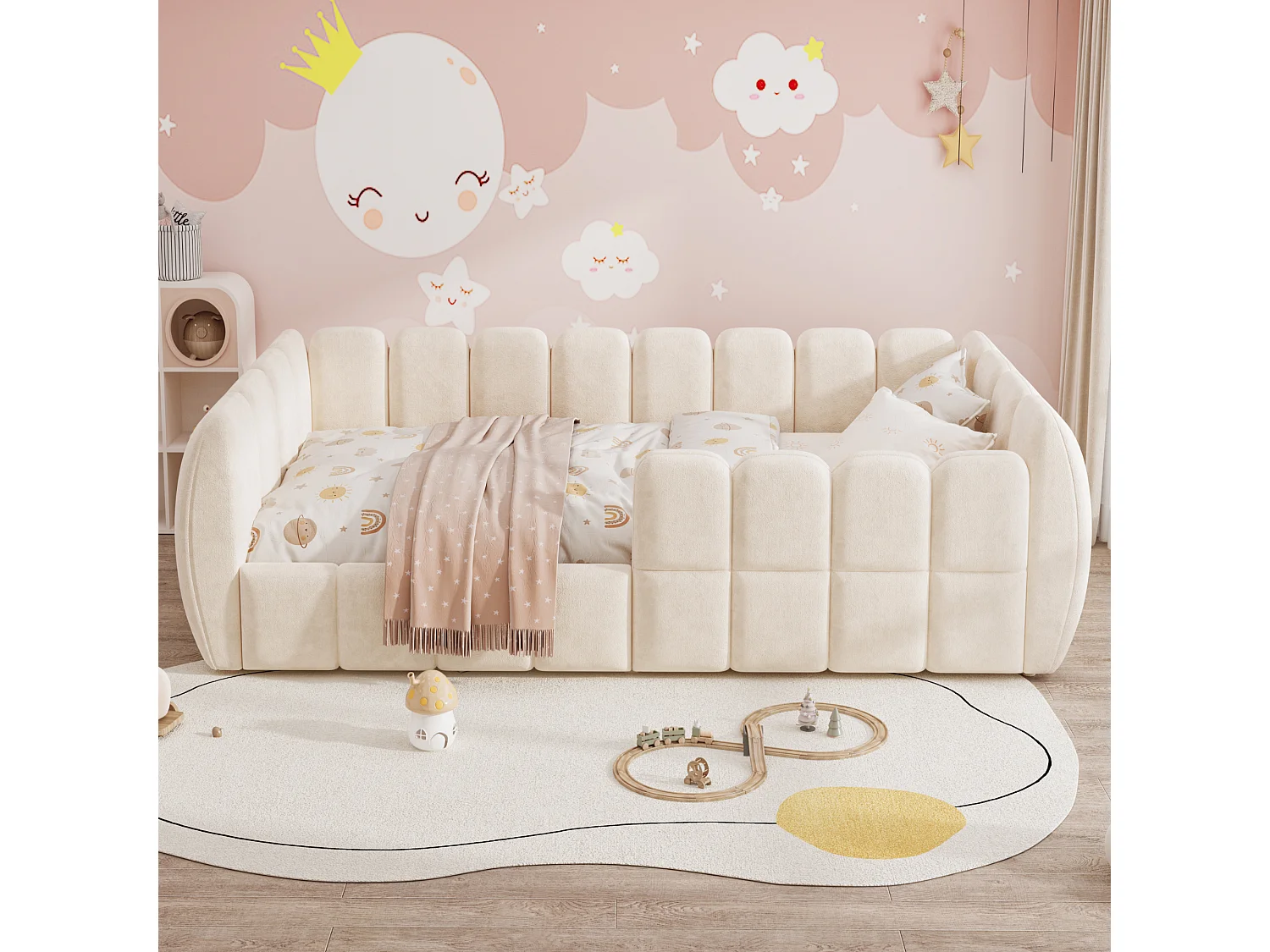 Gepolstertes Kinderbett 90 × 200 cm - Samtstoff - abgerundete Ecken - Beige (Matratze nicht enthalten)