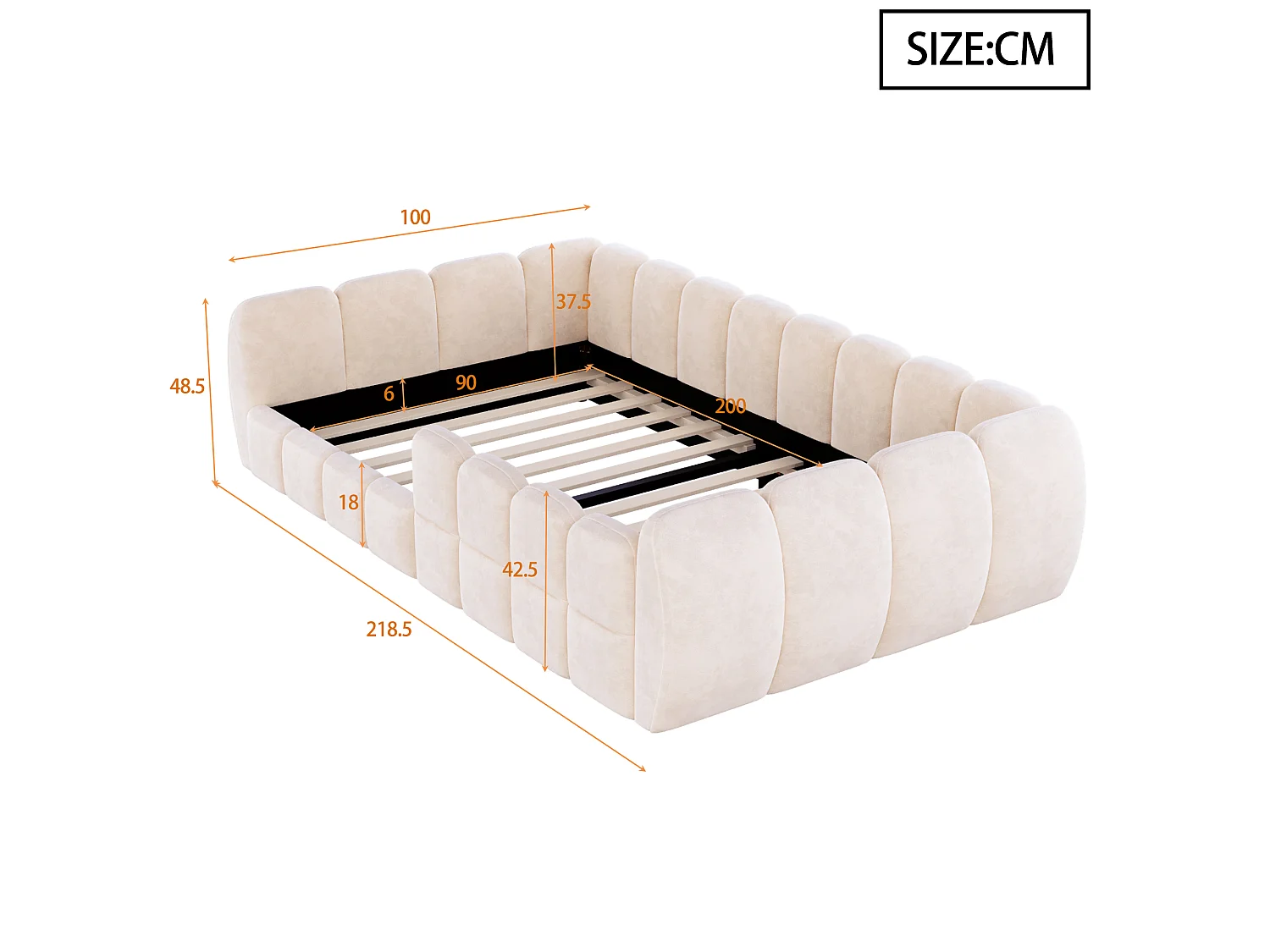 Gepolstertes Kinderbett 90 × 200 cm - Samtstoff - abgerundete Ecken - Beige (Matratze nicht enthalten)