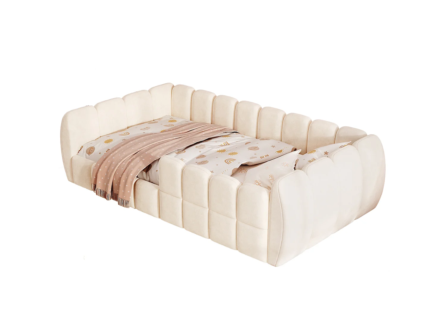 Gepolstertes Kinderbett 90 × 200 cm - Samtstoff - abgerundete Ecken - Beige (Matratze nicht enthalten)