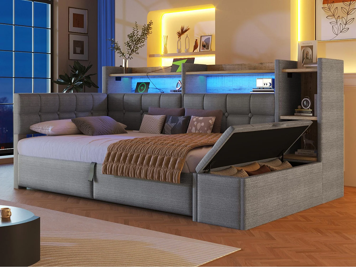 Bäddsoffa med förvaring 90 × 200 cm - med USB + Type-C-portar - förvaringsbänk vid sängens fotände - med LED-ljusslinga - mörkgrå