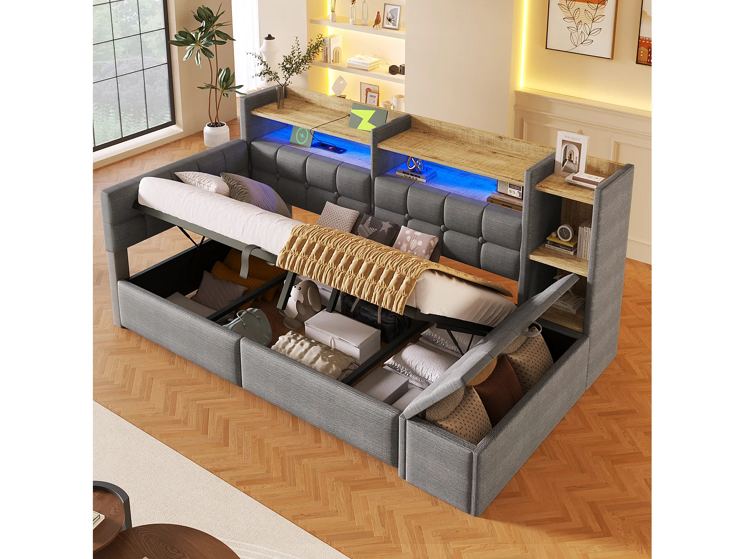 Bäddsoffa med förvaring 90 × 200 cm - med USB + Type-C-portar - förvaringsbänk vid sängens fotände - med LED-ljusslinga - mörkgrå