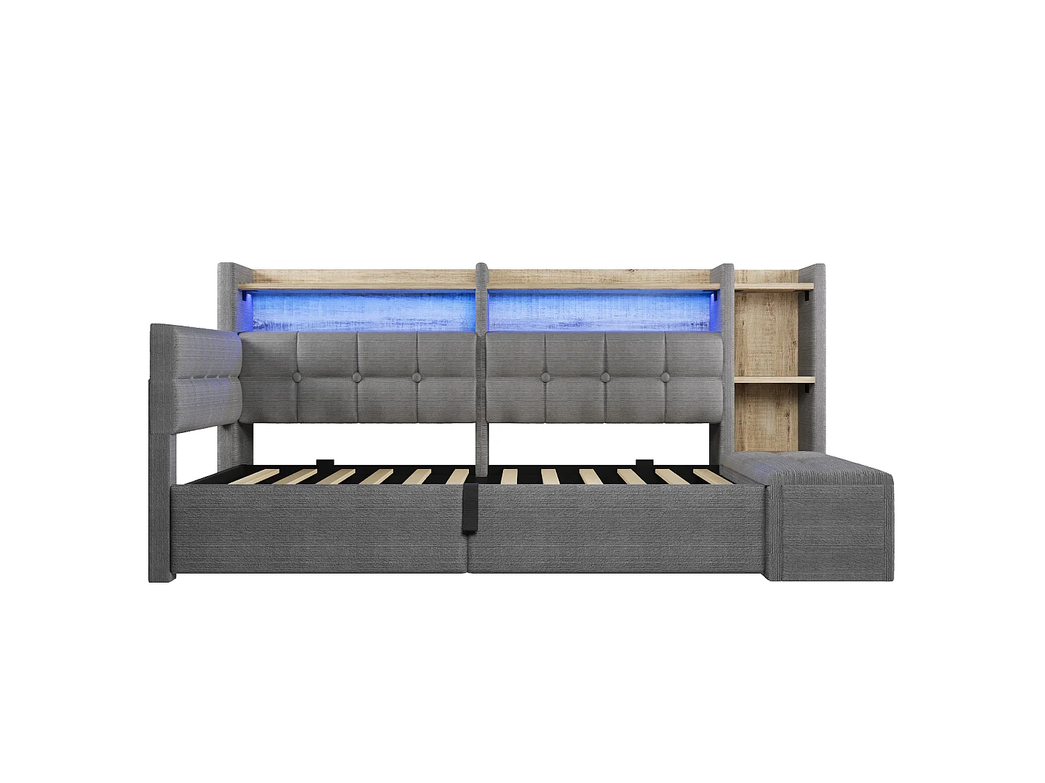 Bäddsoffa med förvaring 90 × 200 cm - med USB + Type-C-portar - förvaringsbänk vid sängens fotände - med LED-ljusslinga - mörkgrå