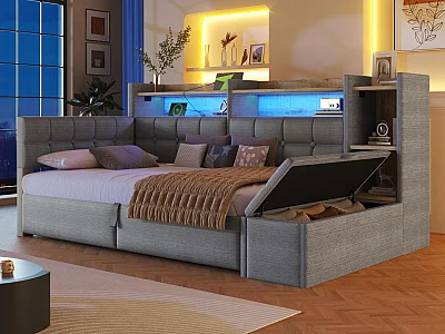 Schlafsofa mit Stauraum 90 × 200 cm - mit USB- + Type-C-Anschlüssen - Aufbewahrungsbank am Fußende des Bettes - mit LED-Lichtstreifen - Dunkelgrau
