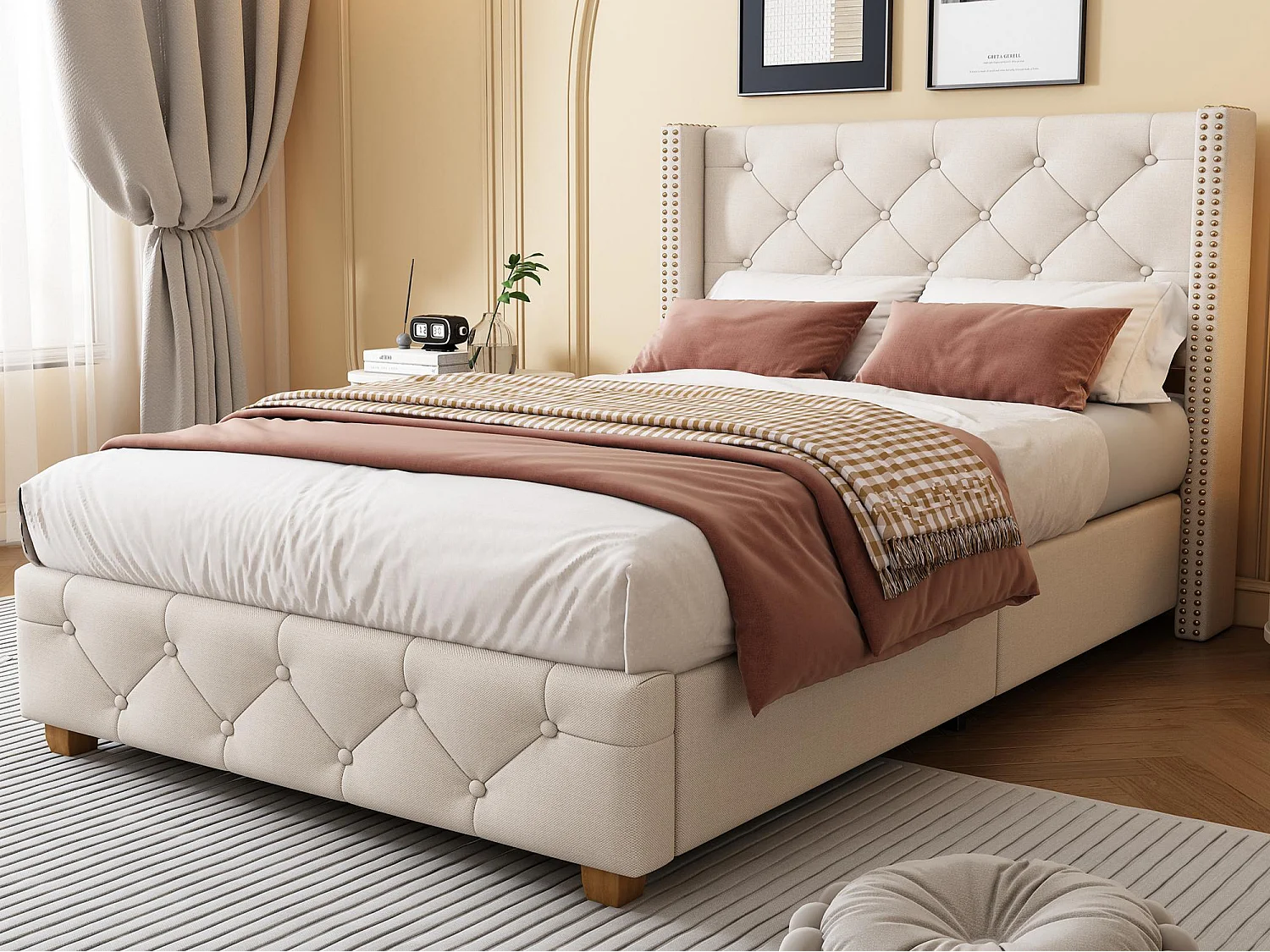 Cama individual estofada 90x190 cm - com estrado de ripas e cabeceira - capitonê com botões - linho - bege (sem colchão)