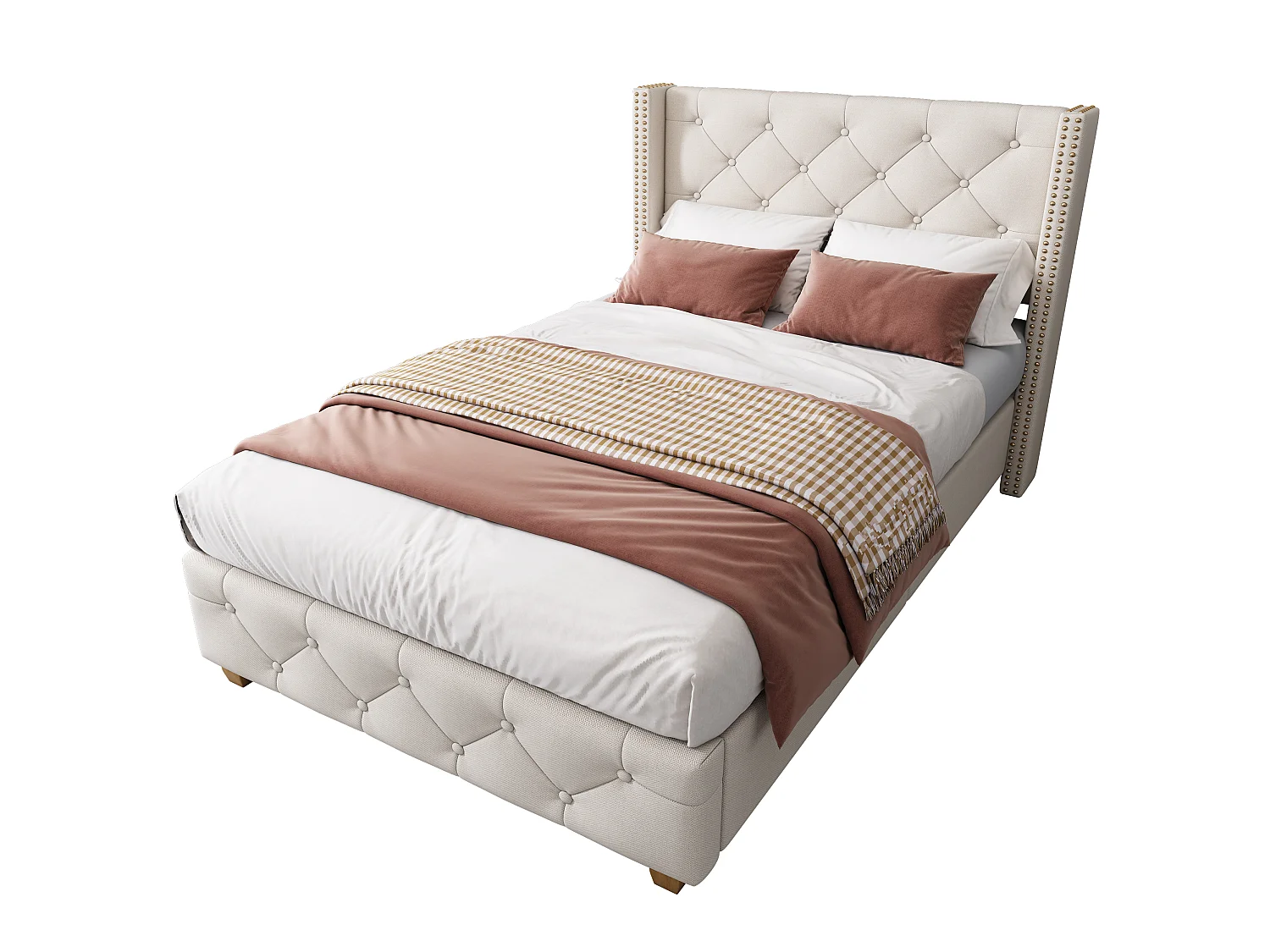 Cama individual estofada 90x190 cm - com estrado de ripas e cabeceira - capitonê com botões - linho - bege (sem colchão)