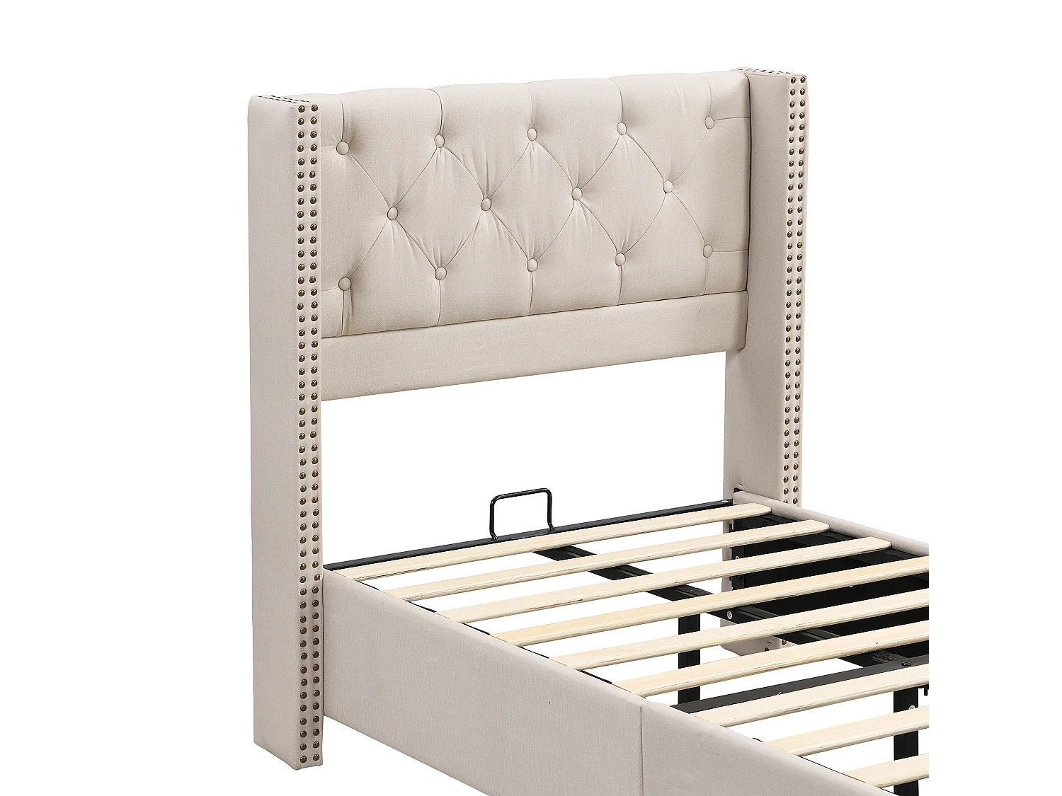 Cama individual estofada 90x190 cm - com estrado de ripas e cabeceira - capitonê com botões - linho - bege (sem colchão)
