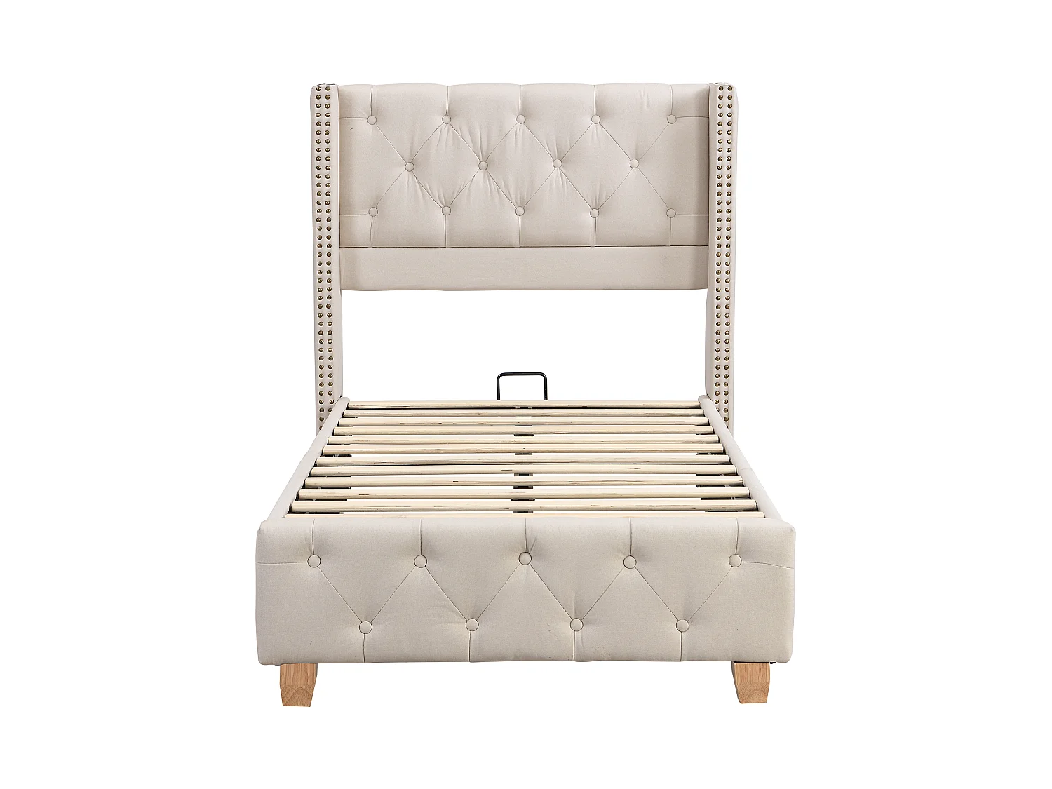 Cama individual estofada 90x190 cm - com estrado de ripas e cabeceira - capitonê com botões - linho - bege (sem colchão)