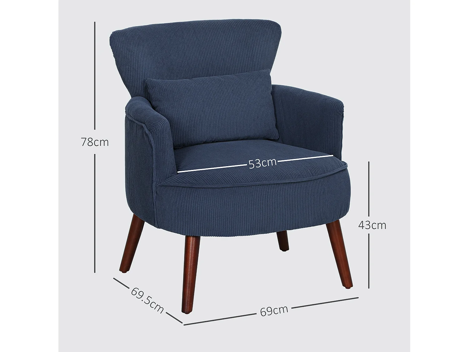 Kesu Blue Corduroy Accent Armchair Retro Club Style Dark Angled Wooden Legs
