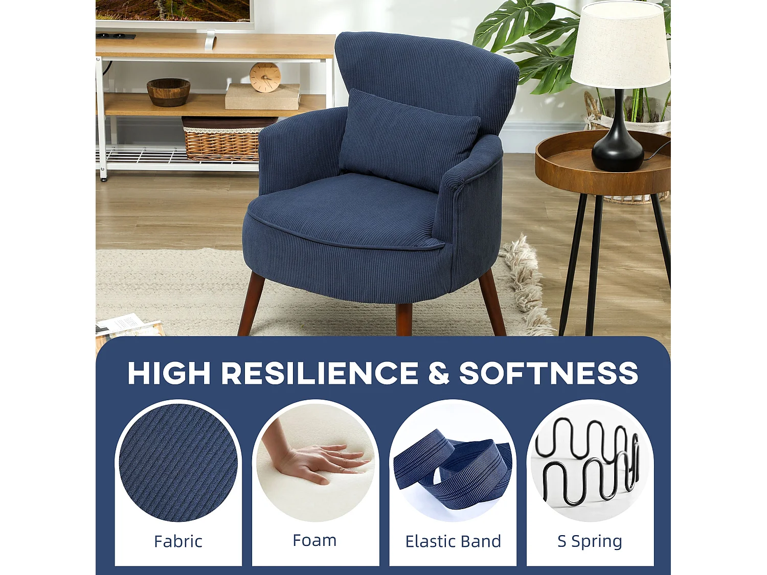 Kesu Blue Corduroy Accent Armchair Retro Club Style Dark Angled Wooden Legs
