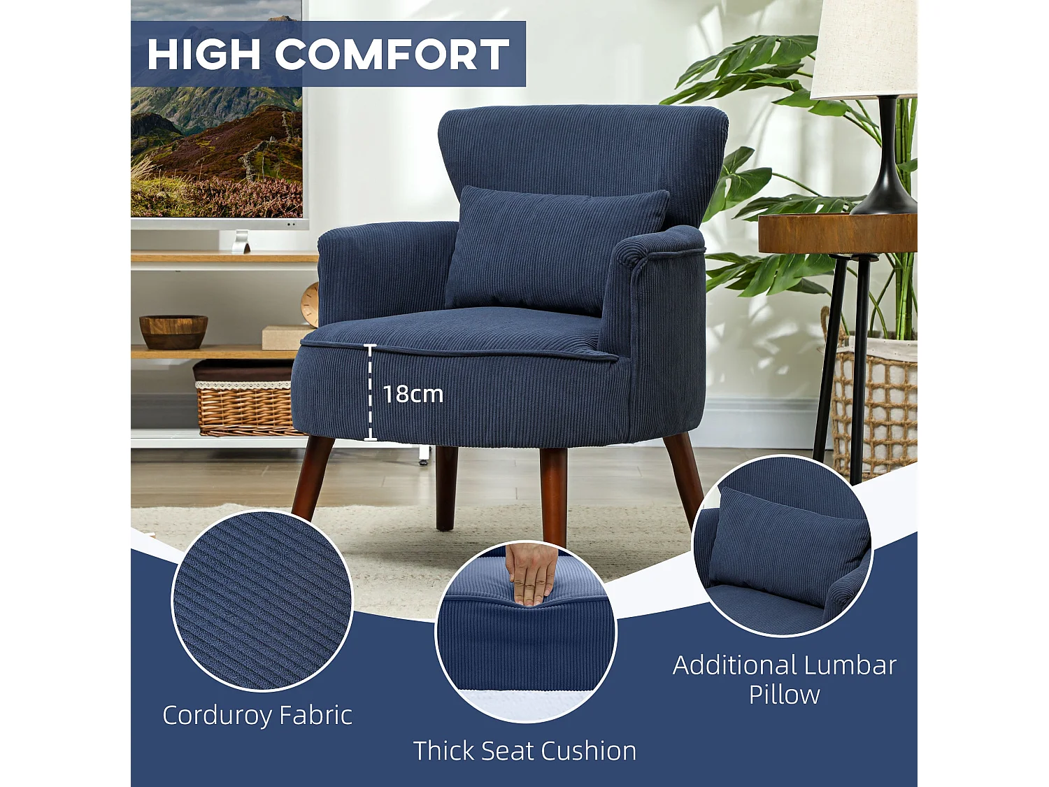 Kesu Blue Corduroy Accent Armchair Retro Club Style Dark Angled Wooden Legs