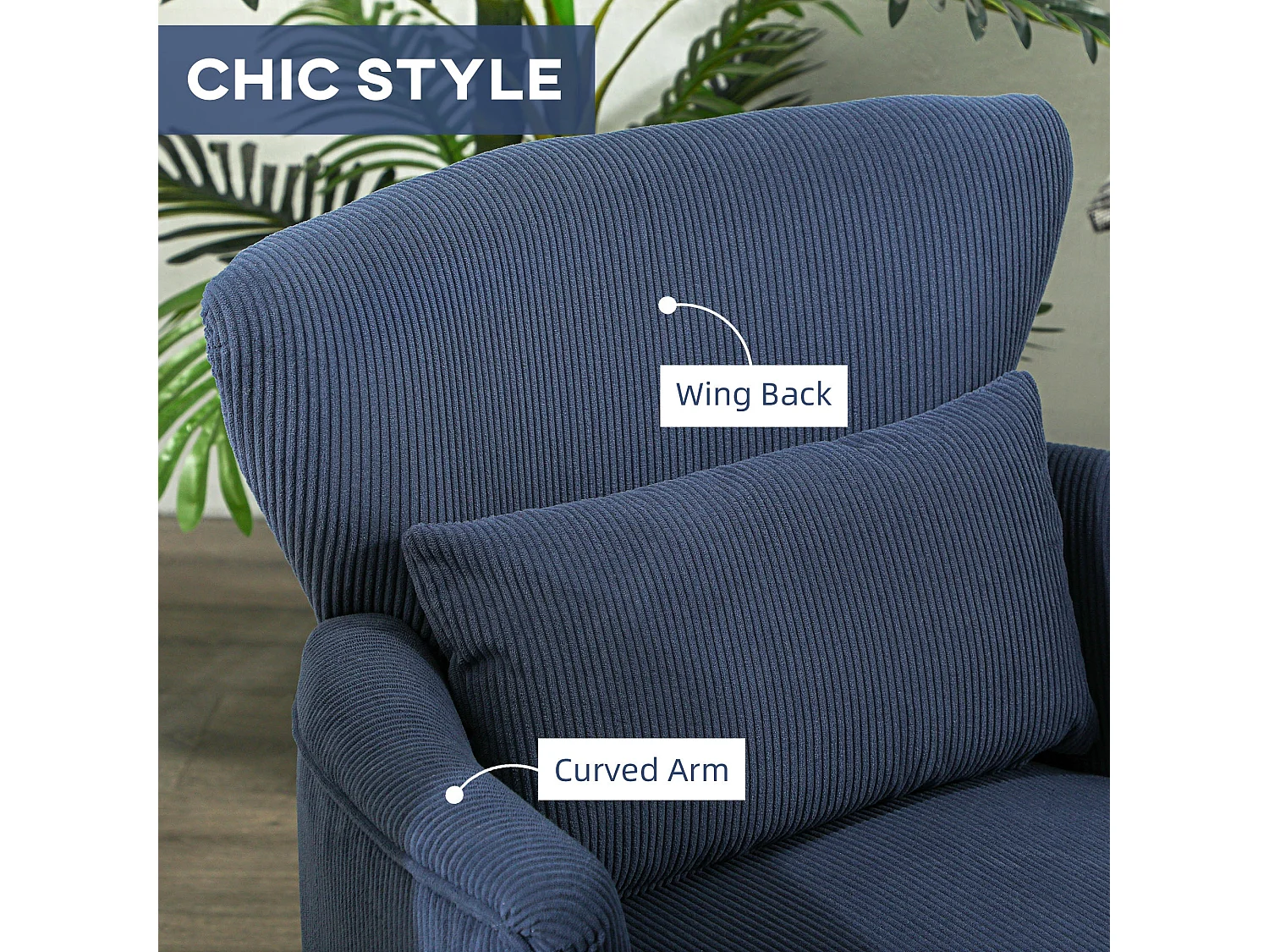 Kesu Blue Corduroy Accent Armchair Retro Club Style Dark Angled Wooden Legs