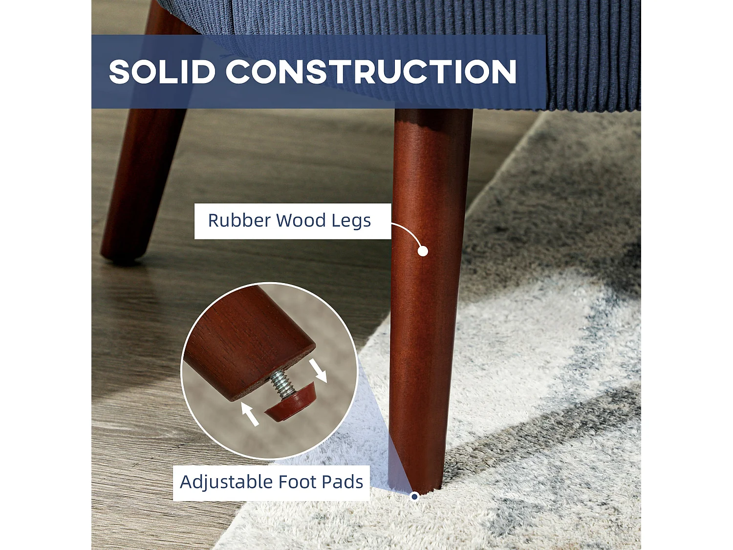 Kesu Blue Corduroy Accent Armchair Retro Club Style Dark Angled Wooden Legs