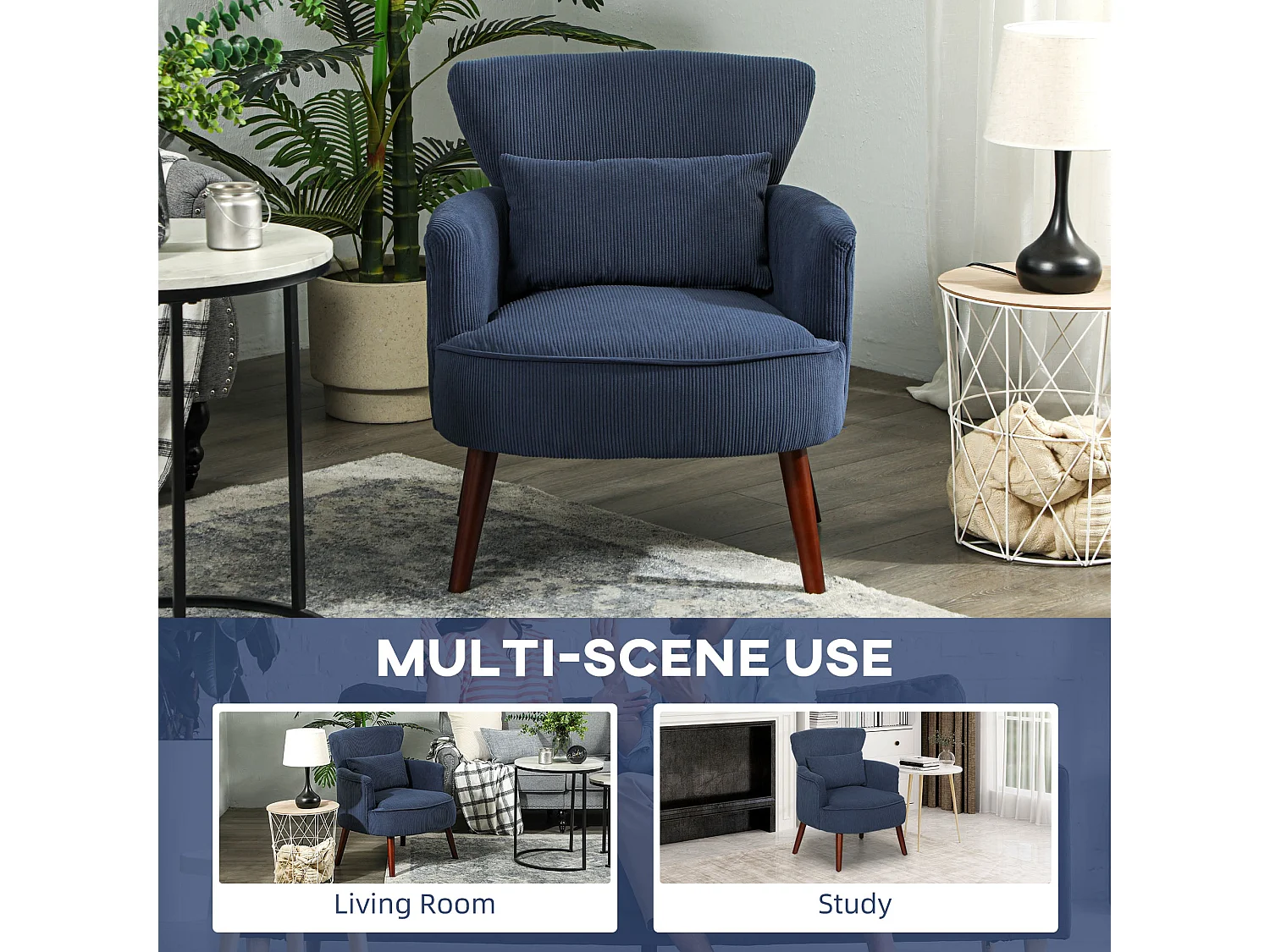 Kesu Blue Corduroy Accent Armchair Retro Club Style Dark Angled Wooden Legs