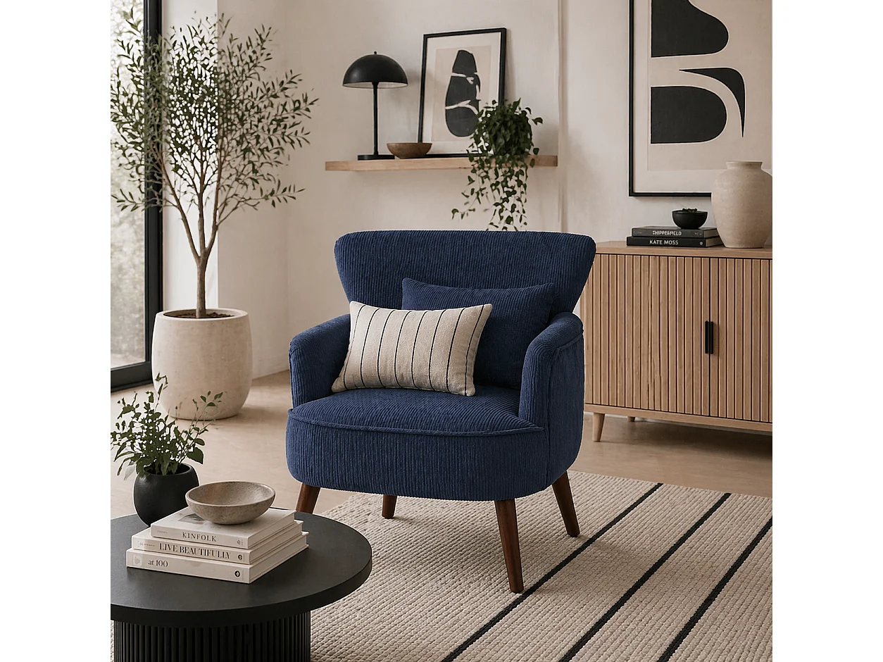 Kesu Blue Corduroy Accent Armchair Retro Club Style Dark Angled Wooden Legs