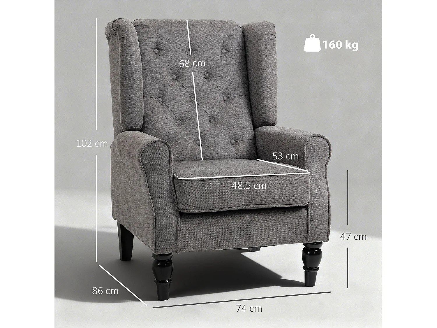 Keri Molo Dark Grey Snow Flannel Wingback Accent Chair with Button Tufting and Black Legs